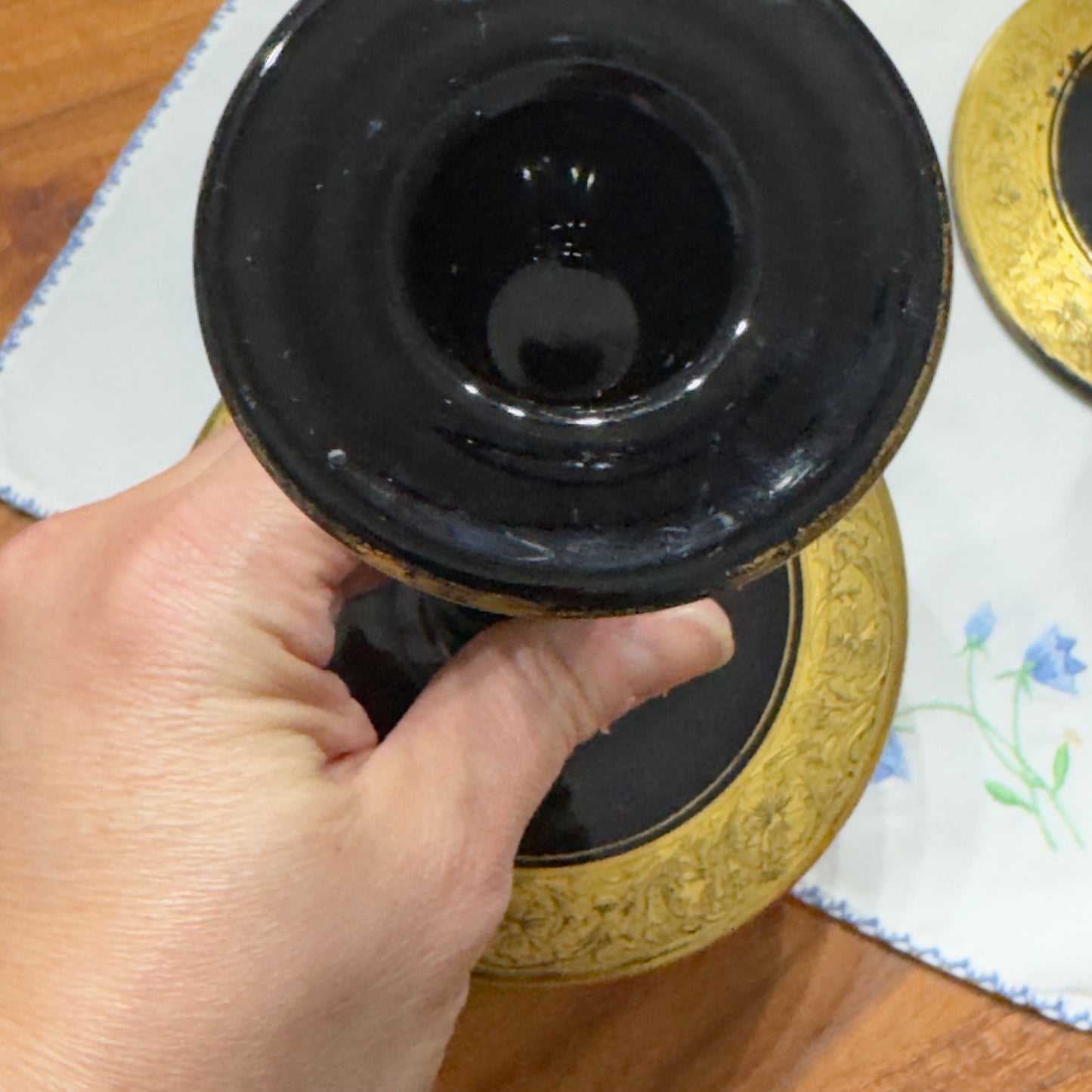 Black Glass with Gold Gilt Candlestick Holders