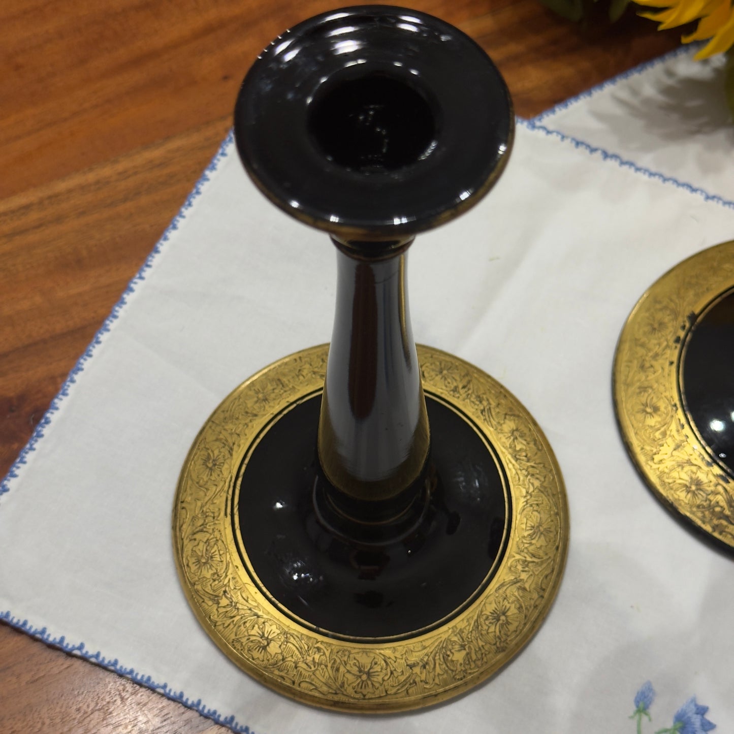 Black Glass with Gold Gilt Candlestick Holders