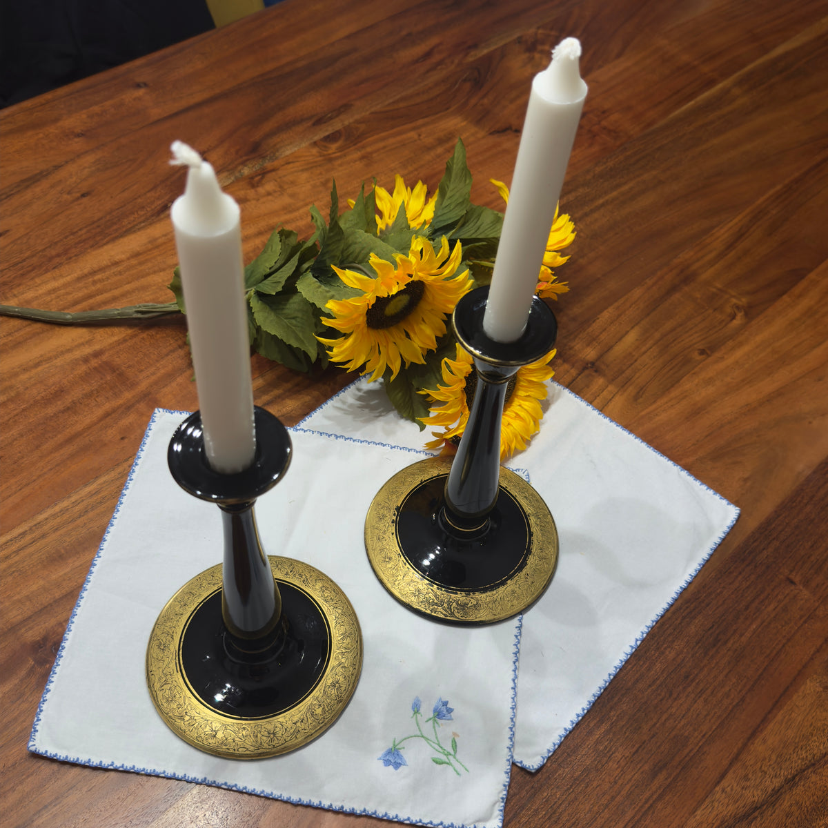 Black Glass with Gold Gilt Candlestick Holders