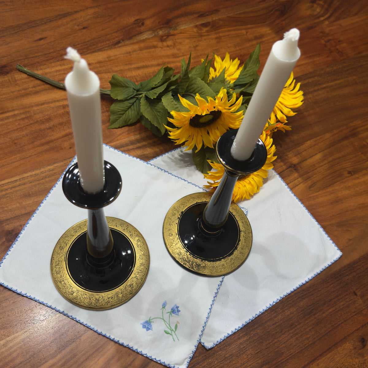 Black Glass with Gold Gilt Candlestick Holders