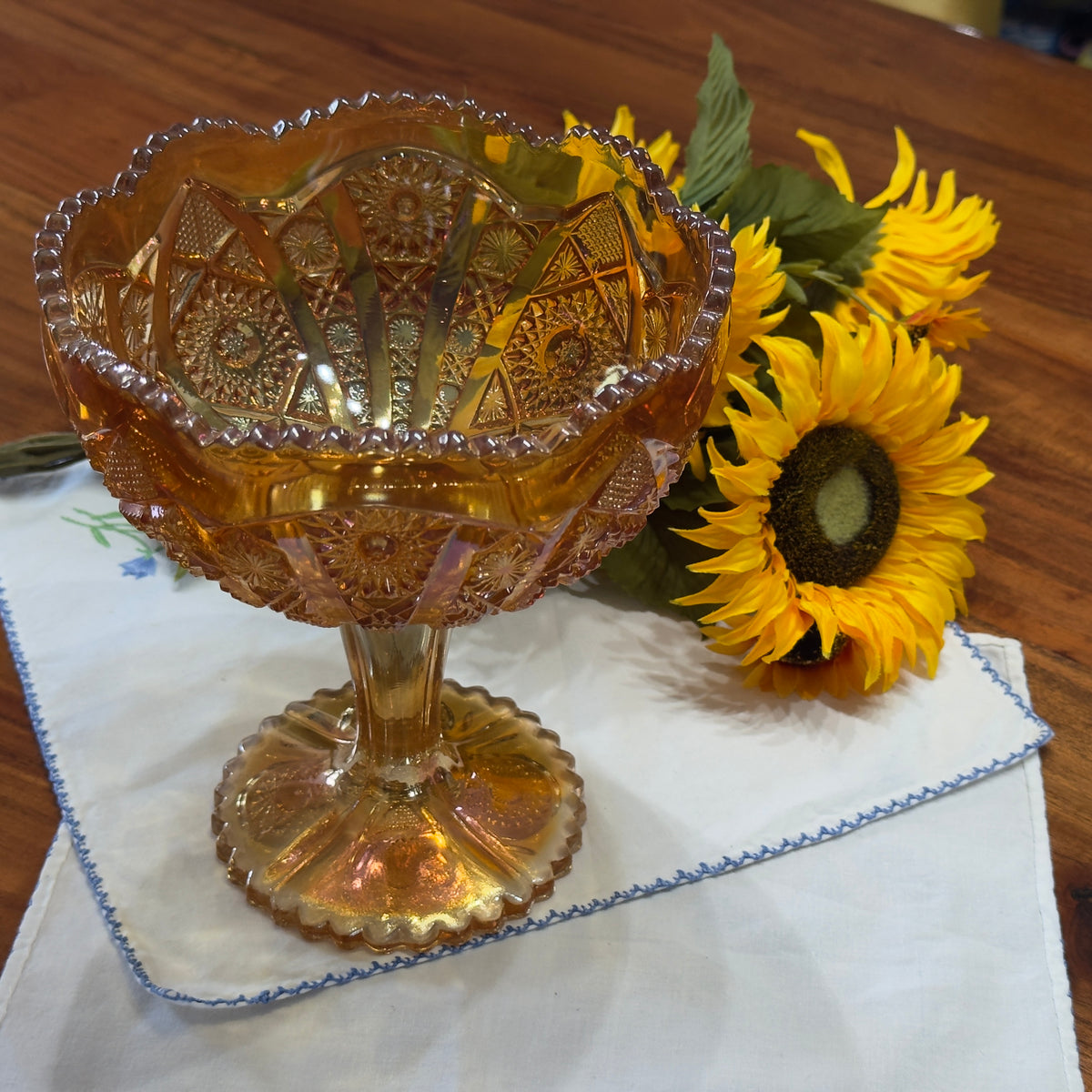Vintage Imperial Marigold Carnival Glass Pedestal Compote Dish