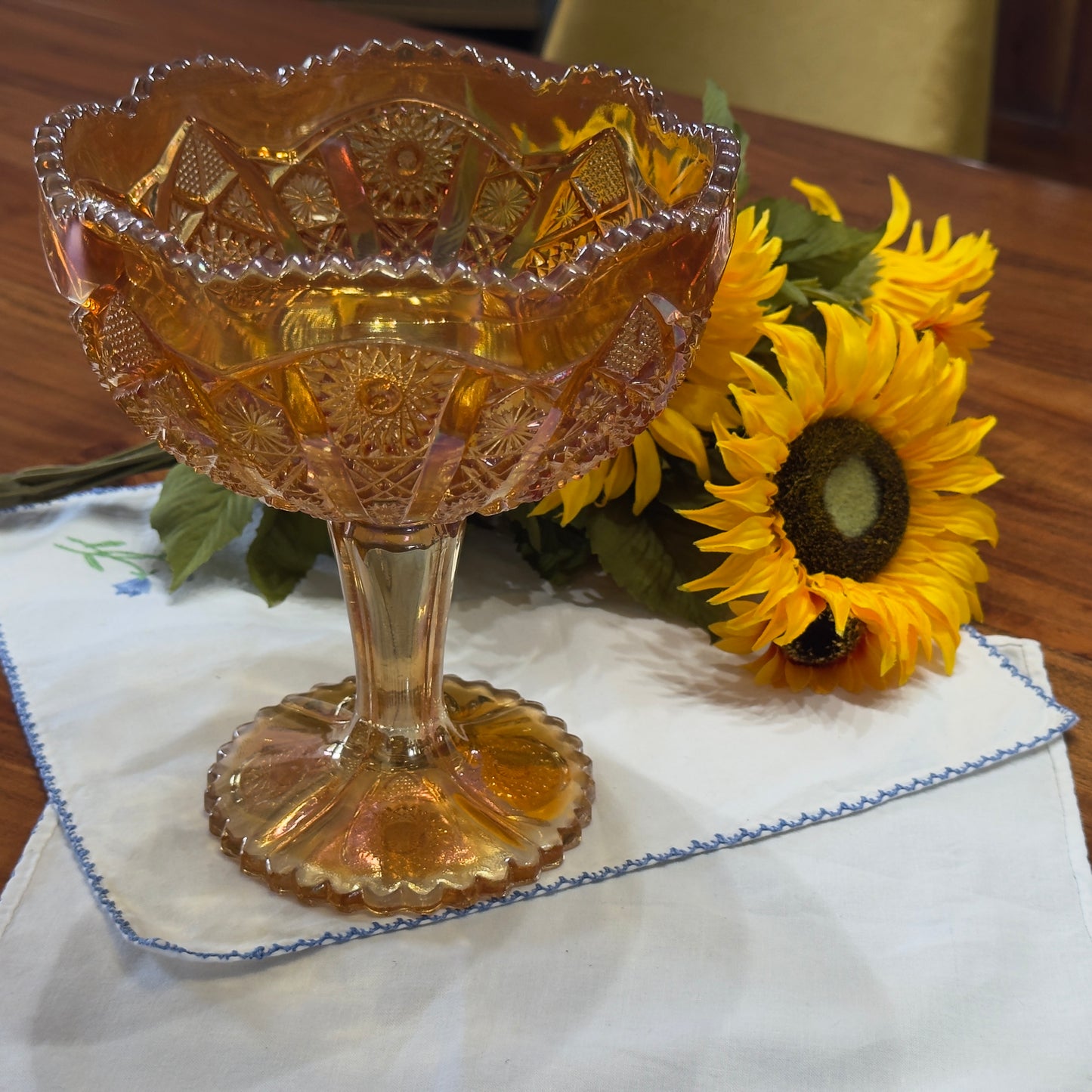 Vintage Imperial Marigold Carnival Glass Pedestal Compote Dish