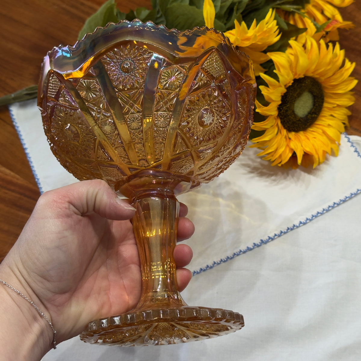 Vintage Imperial Marigold Carnival Glass Pedestal Compote Dish