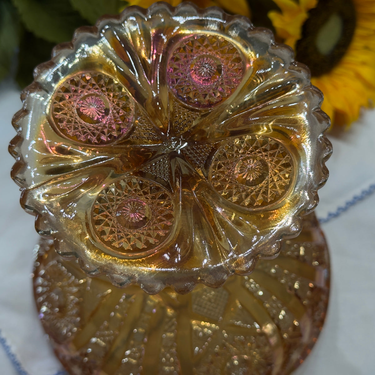 Vintage Imperial Marigold Carnival Glass Pedestal Compote Dish