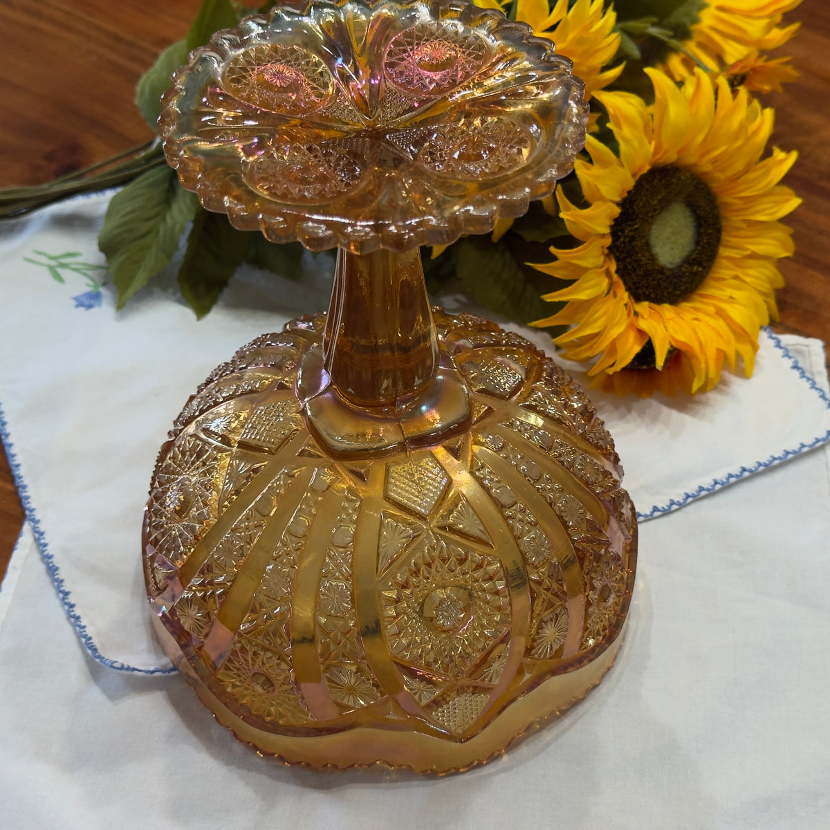 Vintage Imperial Marigold Carnival Glass Pedestal Compote Dish