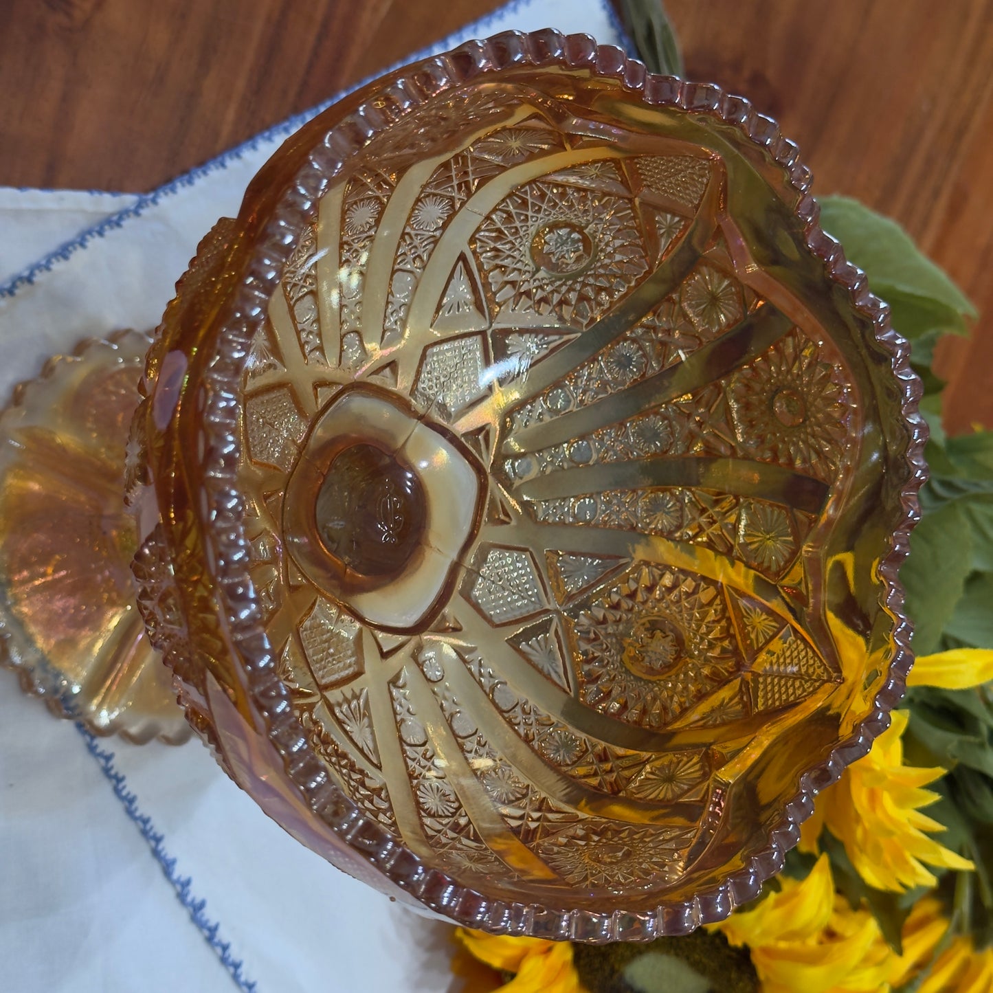 Vintage Imperial Marigold Carnival Glass Pedestal Compote Dish