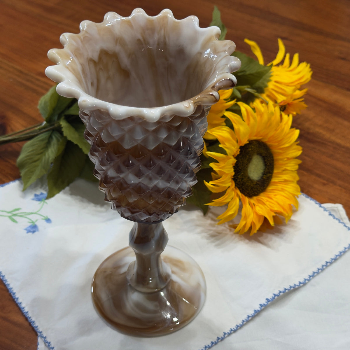 Vintage Carmel/White Slag Glass Diamond Point Vase