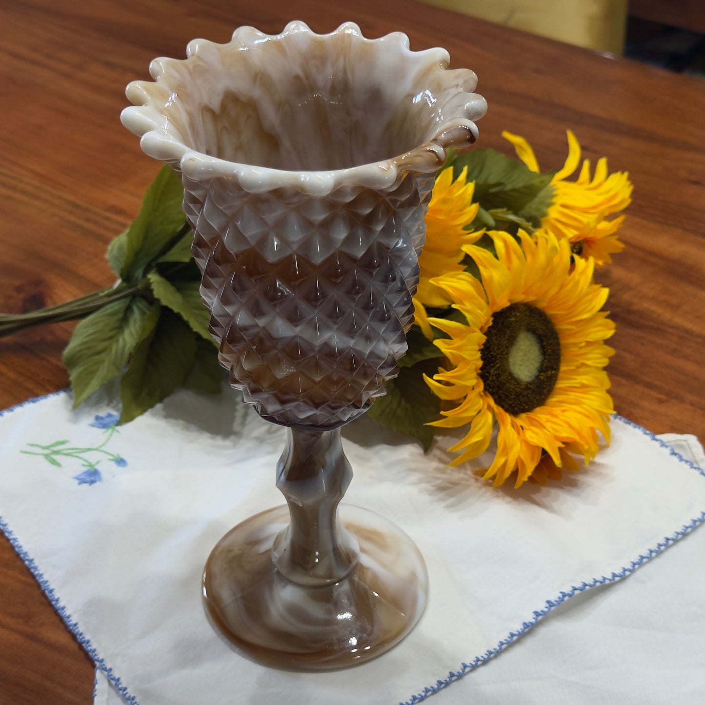 Vintage Carmel/White Slag Glass Diamond Point Vase