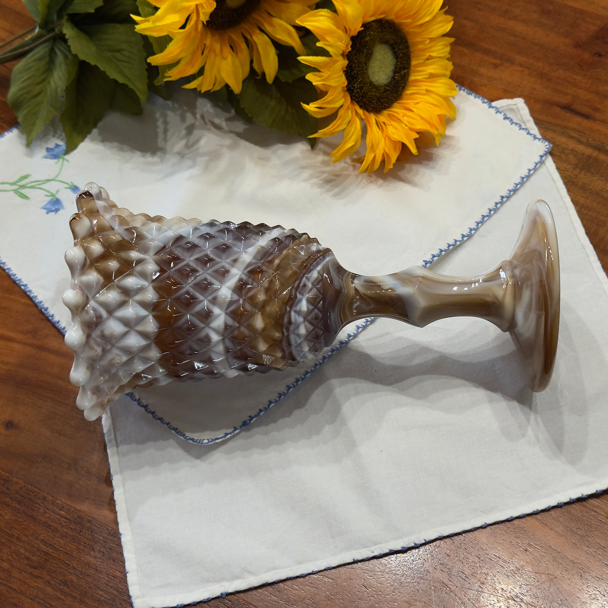 Vintage Carmel/White Slag Glass Diamond Point Vase