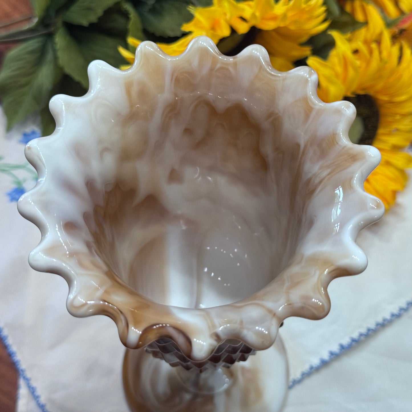 Vintage Carmel/White Slag Glass Diamond Point Vase