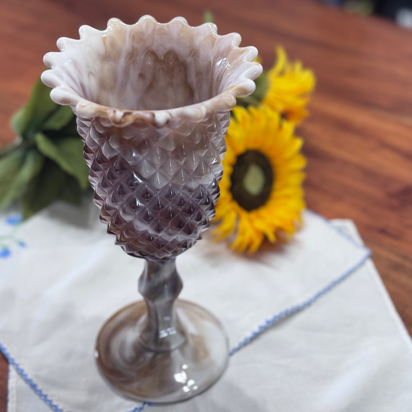 Vintage Carmel/White Slag Glass Diamond Point Vase