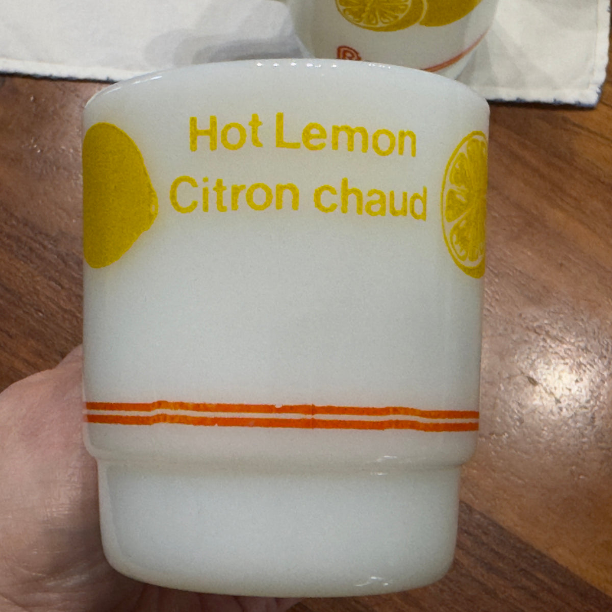 Anchor Hocking Fire-King Milk Glass Rexall Hot Lemon/Citron chaud Advertising Mug