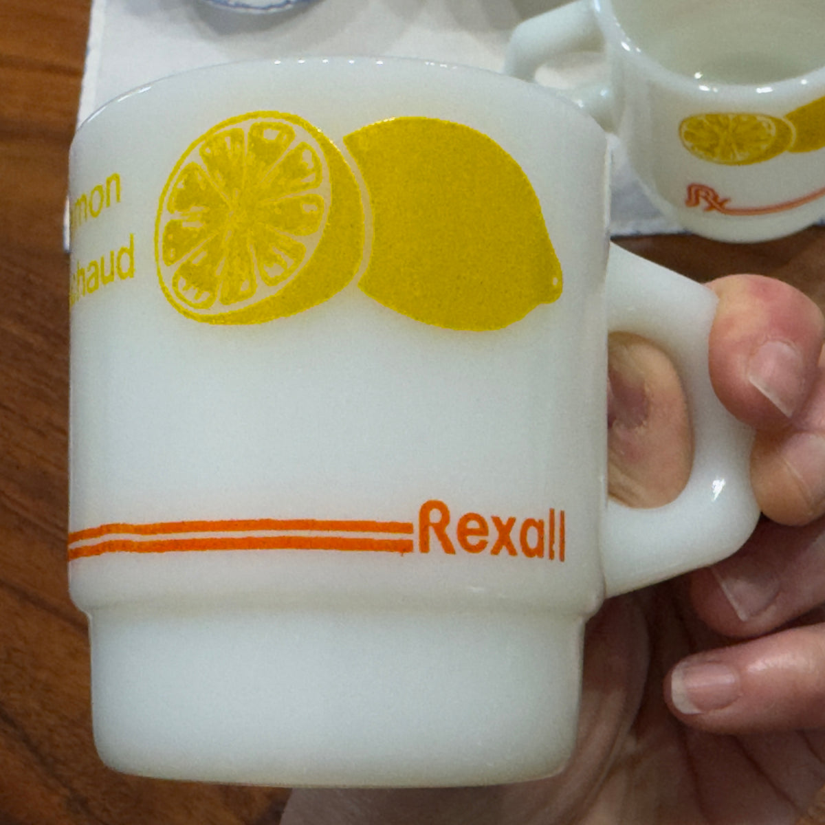 Anchor Hocking Fire-King Milk Glass Rexall Hot Lemon/Citron chaud Advertising Mug