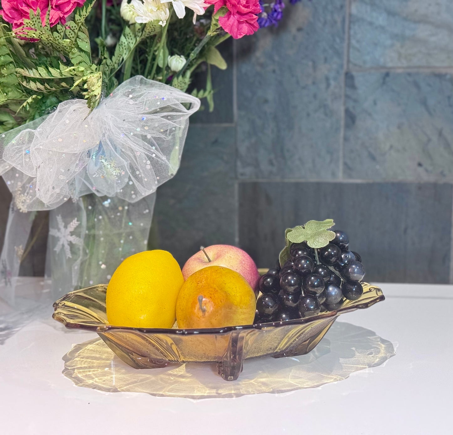 Amber Glass Footed Oval Serving Bowl