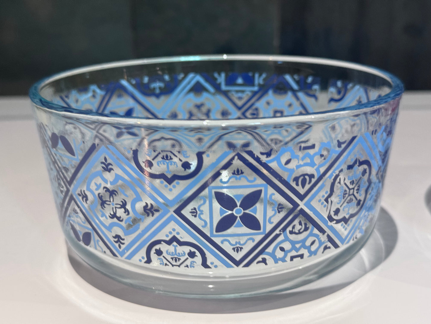 Pyrex Clear Glass Blue/Red Motif Bowls