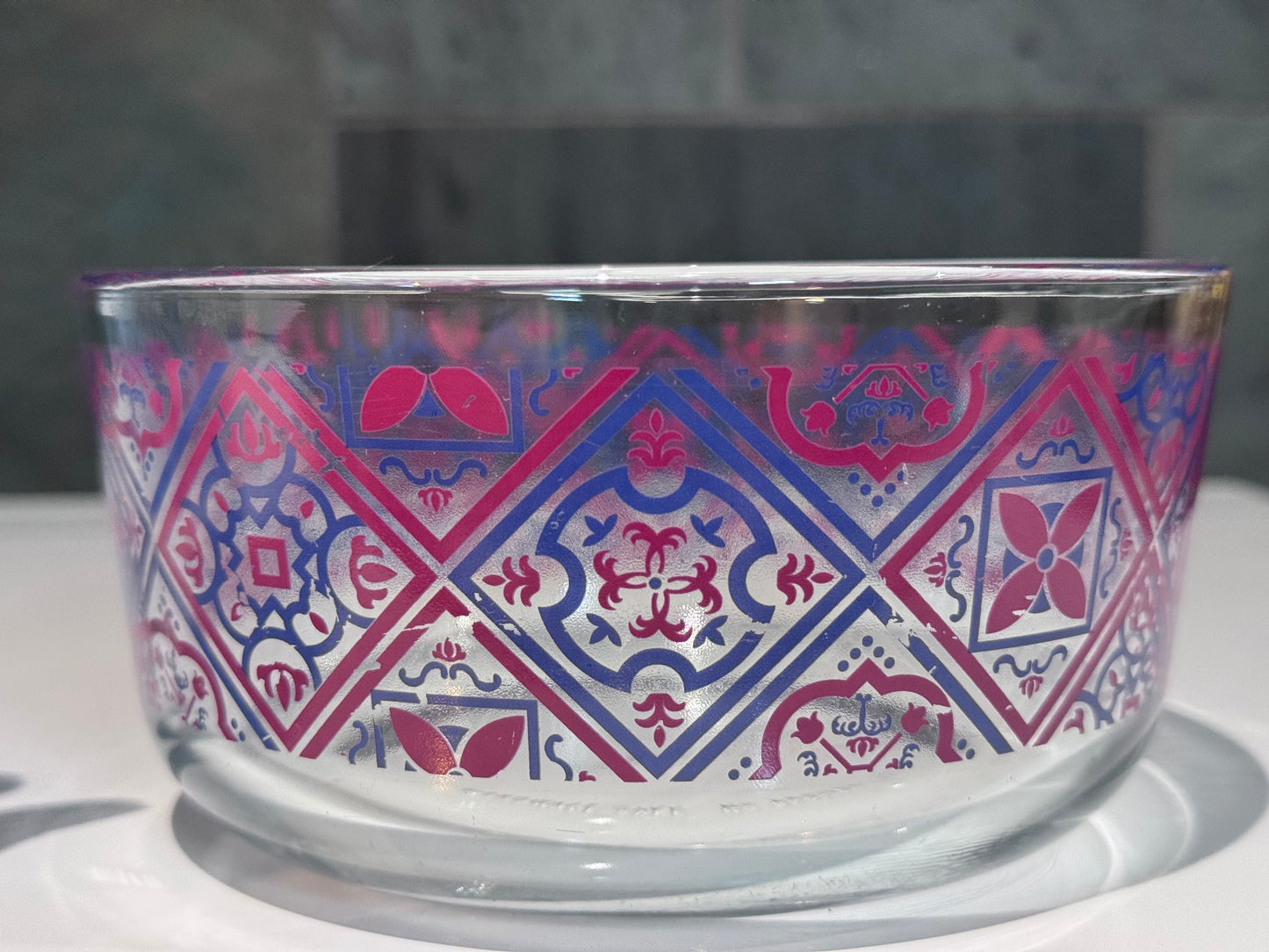 Pyrex Clear Glass Blue/Red Motif Bowls