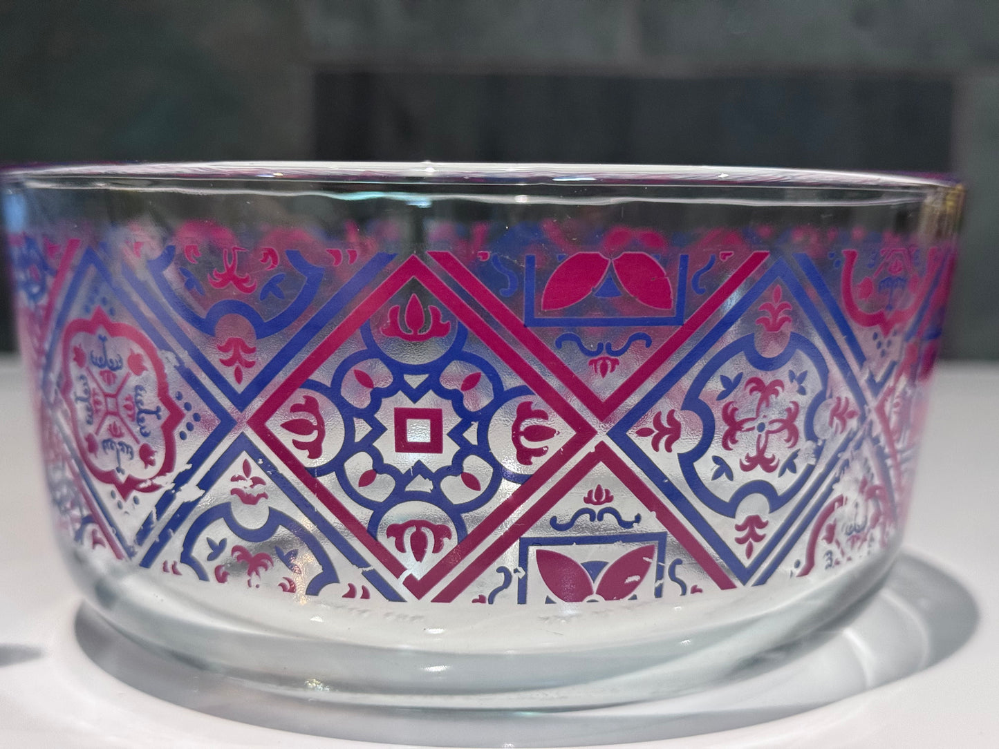 Pyrex Clear Glass Blue/Red Motif Bowls