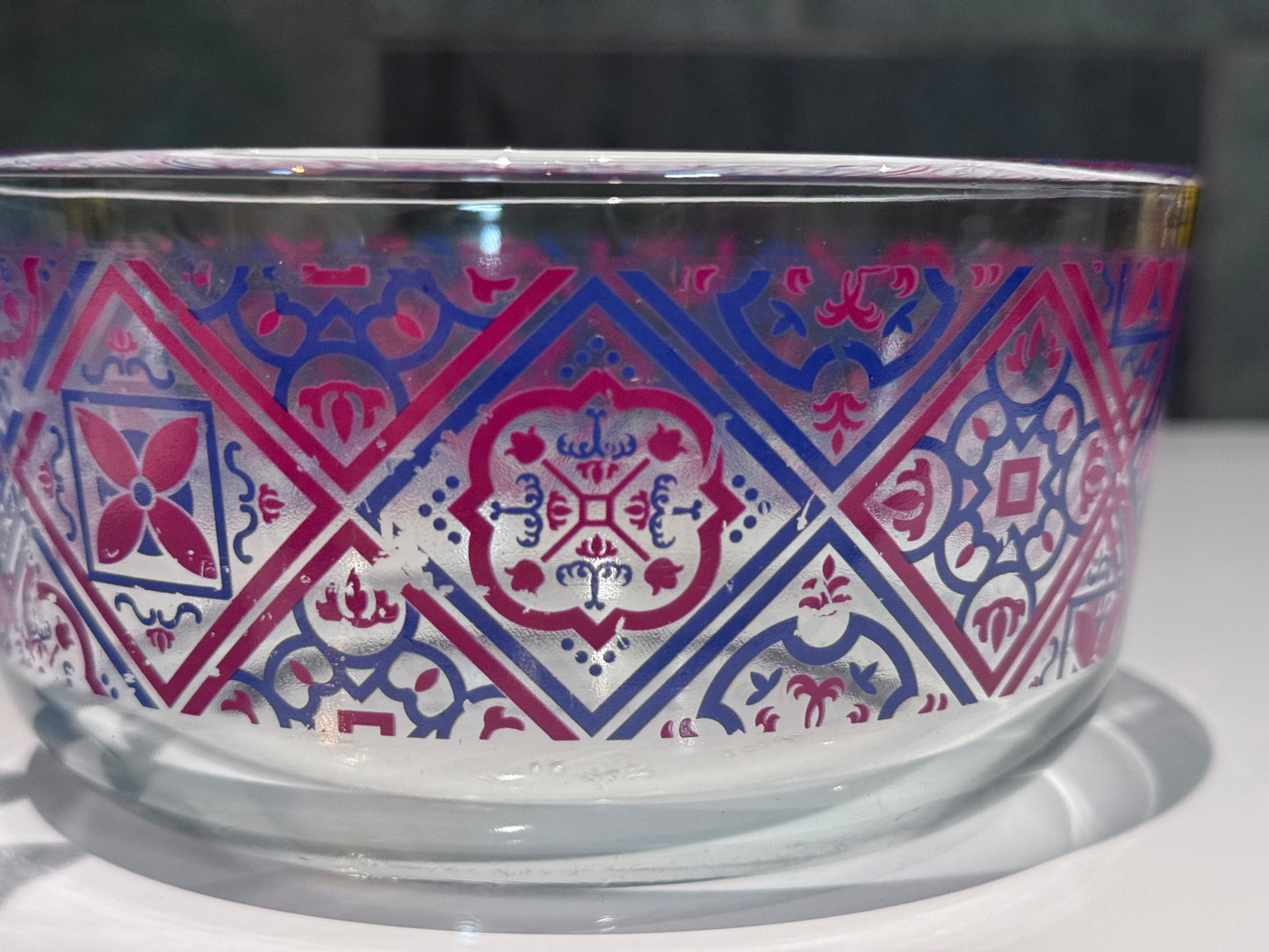 Pyrex Clear Glass Blue/Red Motif Bowls