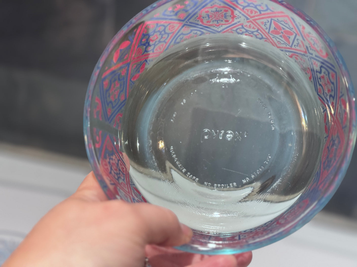 Pyrex Clear Glass Blue/Red Motif Bowls