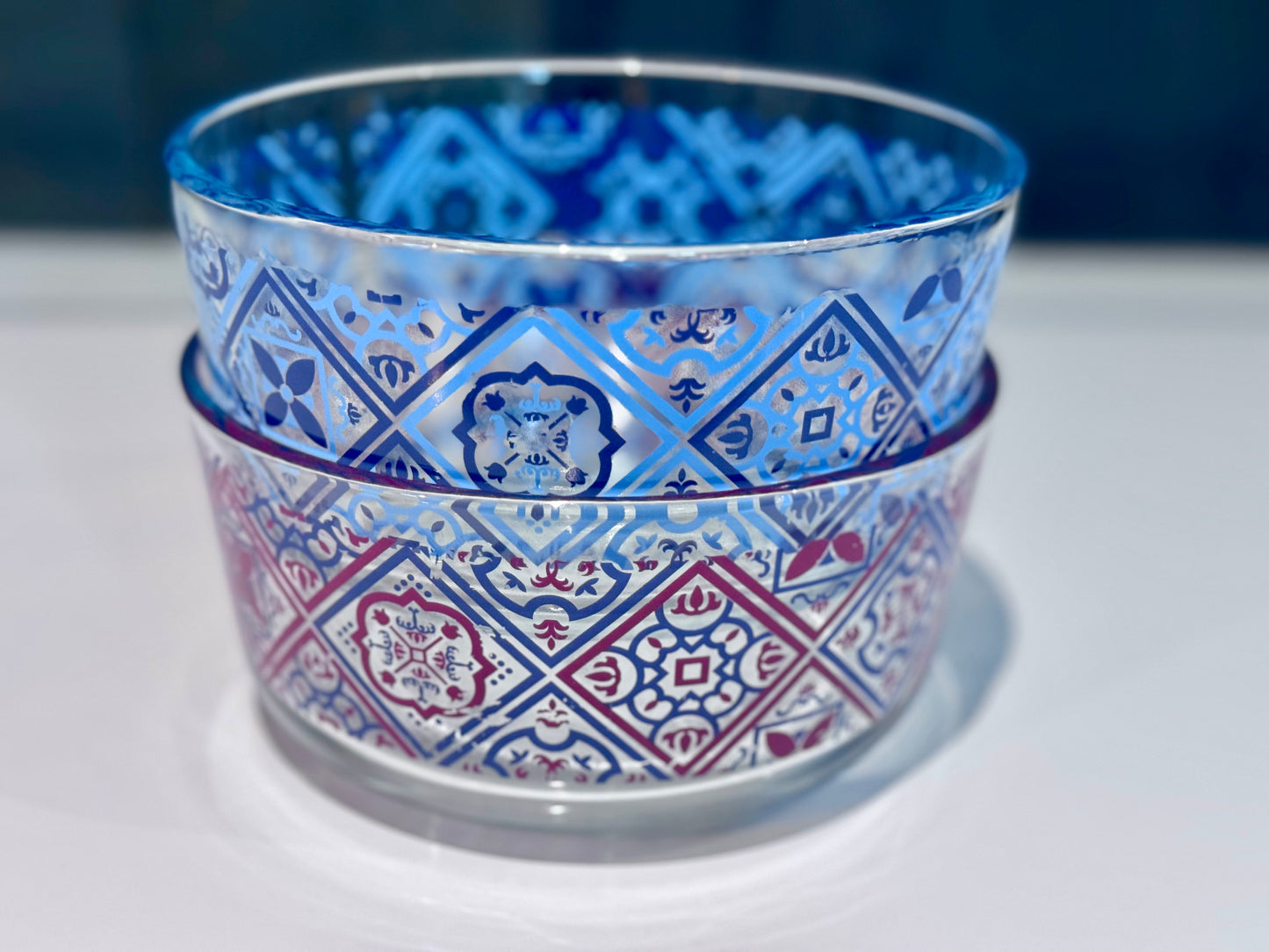 Pyrex Clear Glass Blue/Red Motif Bowls
