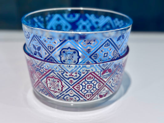 Pyrex Clear Glass Blue/Red Motif Bowls