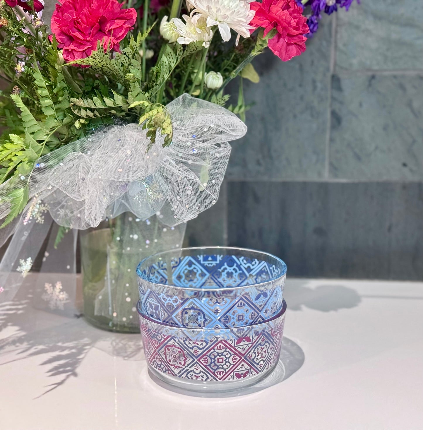 Pyrex Clear Glass Blue/Red Motif Bowls