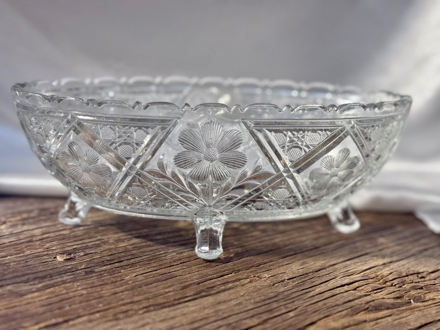 Clear Cut Glass Footed Floral Dish