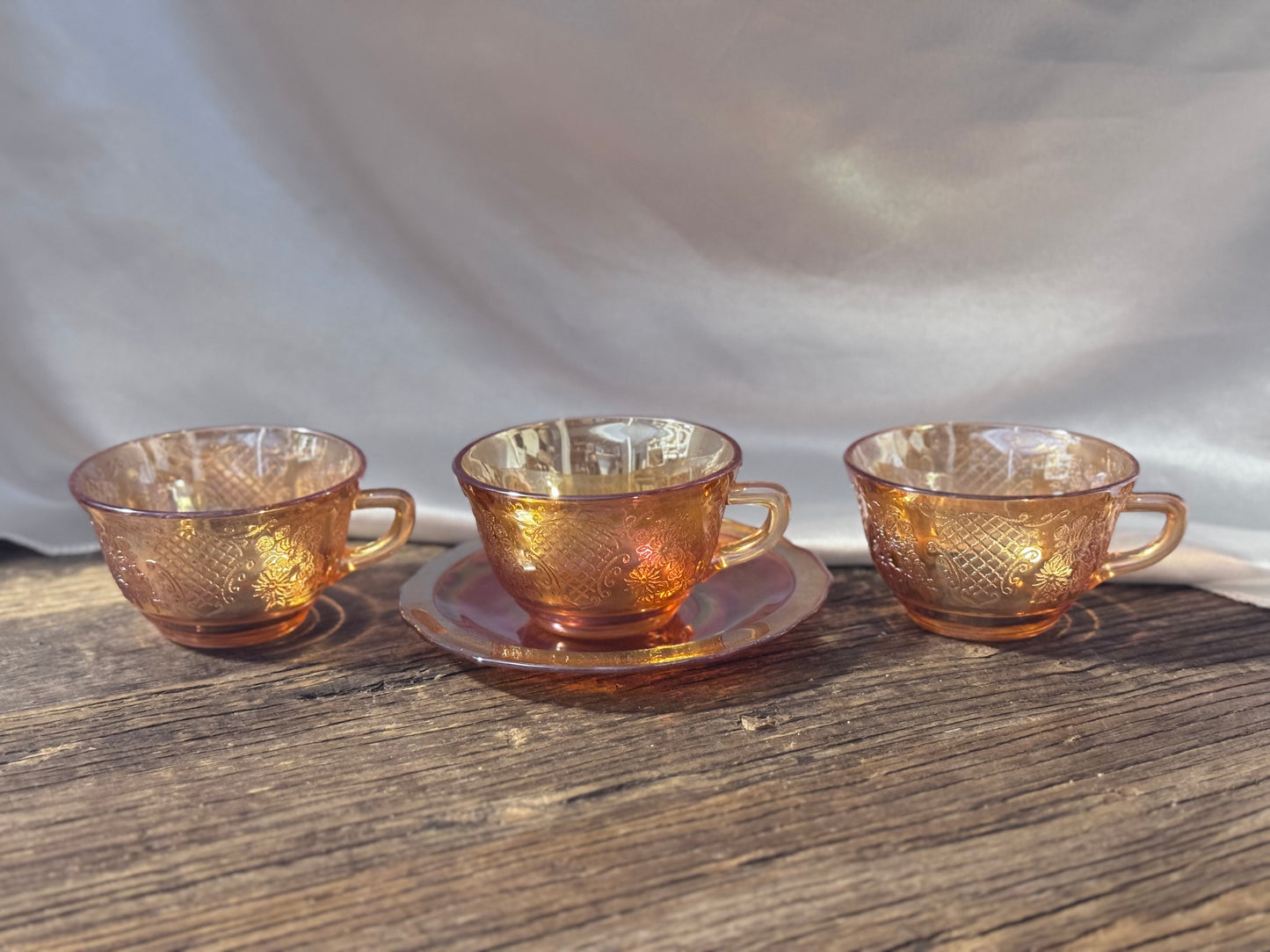 Federal Glass/Marigold Iridescent Carnival Depression Glass "Lattice & Bouquet" Cups and Saucer