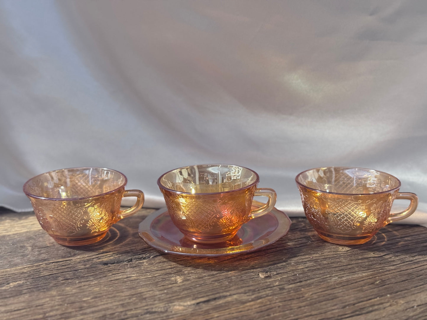 Federal Glass/Marigold Iridescent Carnival Depression Glass "Lattice & Bouquet" Cups and Saucer