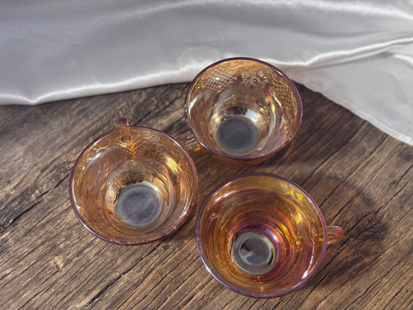 Federal Glass/Marigold Iridescent Carnival Depression Glass "Lattice & Bouquet" Cups and Saucer