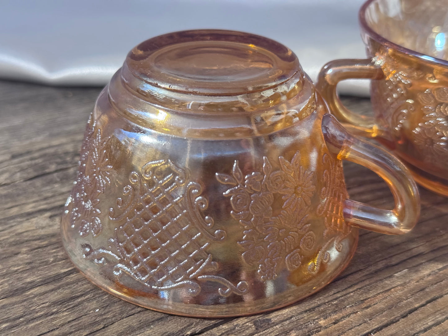 Federal Glass/Marigold Iridescent Carnival Depression Glass "Lattice & Bouquet" Cups and Saucer