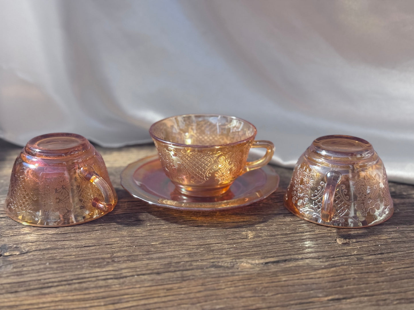 Federal Glass/Marigold Iridescent Carnival Depression Glass "Lattice & Bouquet" Cups and Saucer