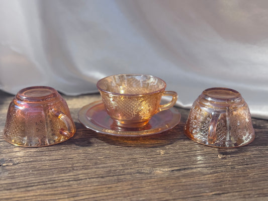 Federal Glass/Marigold Iridescent Carnival Depression Glass "Lattice & Bouquet" Cups and Saucer