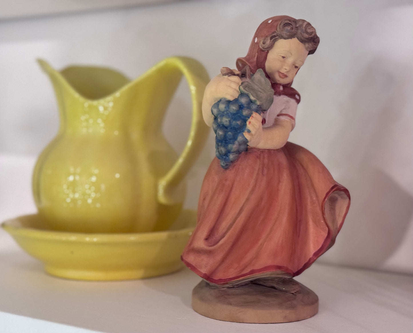EHART Carved Wood Figurine of Girl with Grapes