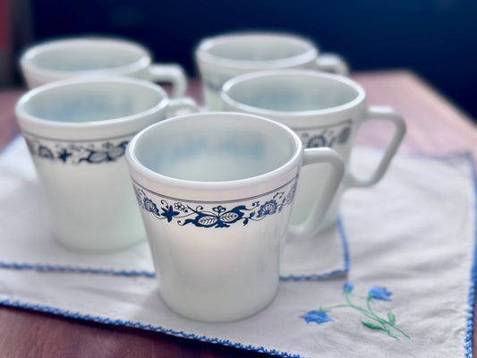 Pyrex Milk Glass Blue Onion Coffee Cups