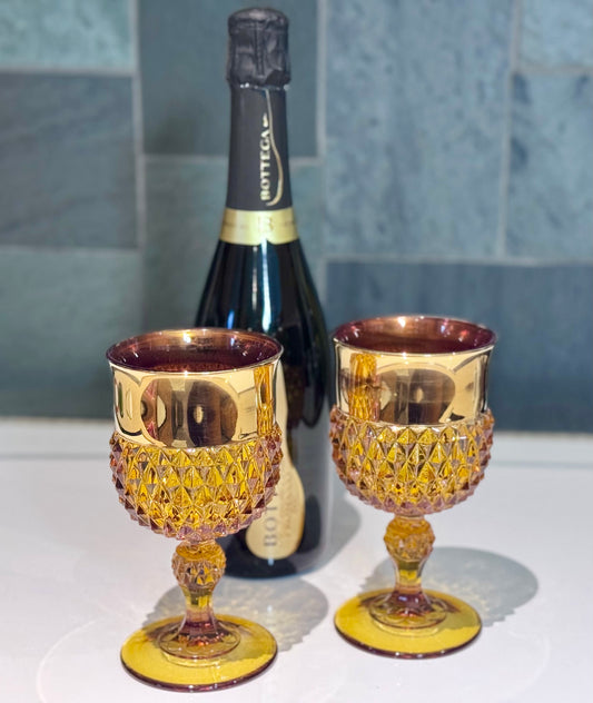 Amber/Indiana Glass Diamond Point with Gold Gild Band Wine Goblets