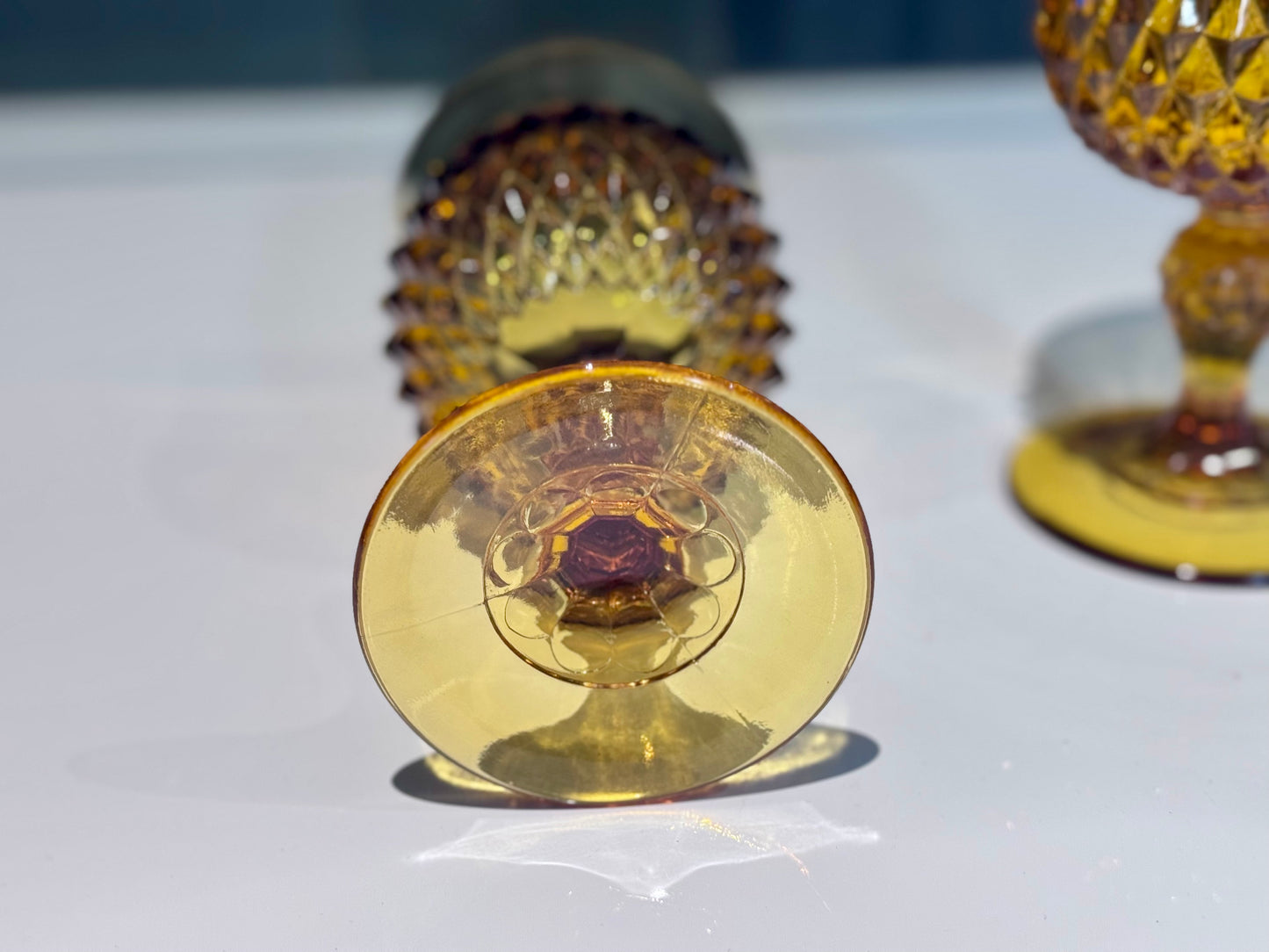 Amber/Indiana Glass Diamond Point with Gold Gild Band Wine Goblets