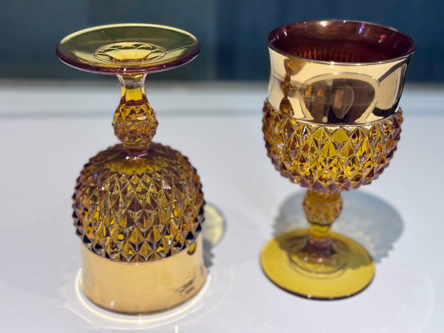 Amber/Indiana Glass Diamond Point with Gold Gild Band Wine Goblets
