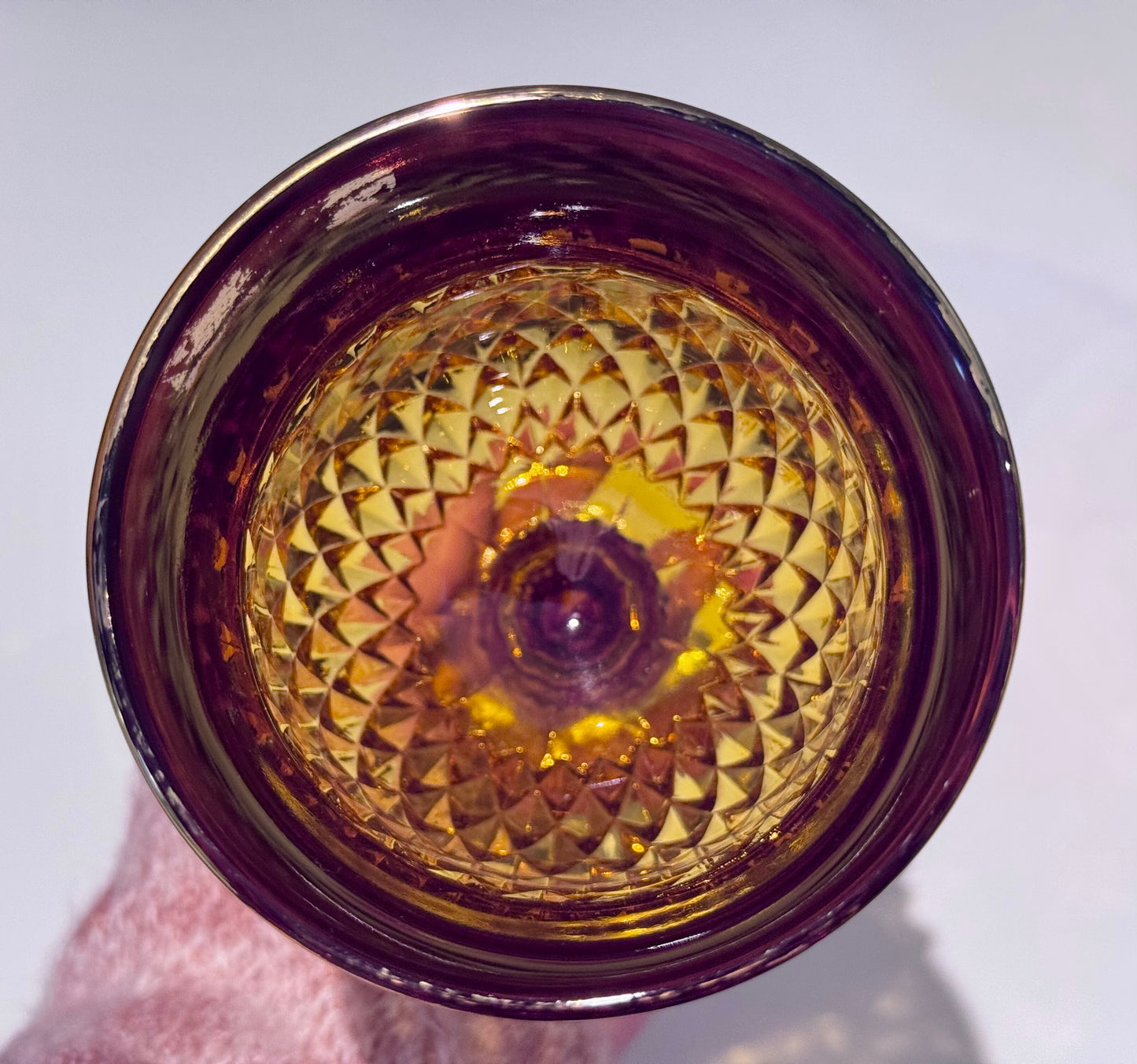 Amber/Indiana Glass Diamond Point with Gold Gild Band Wine Goblets