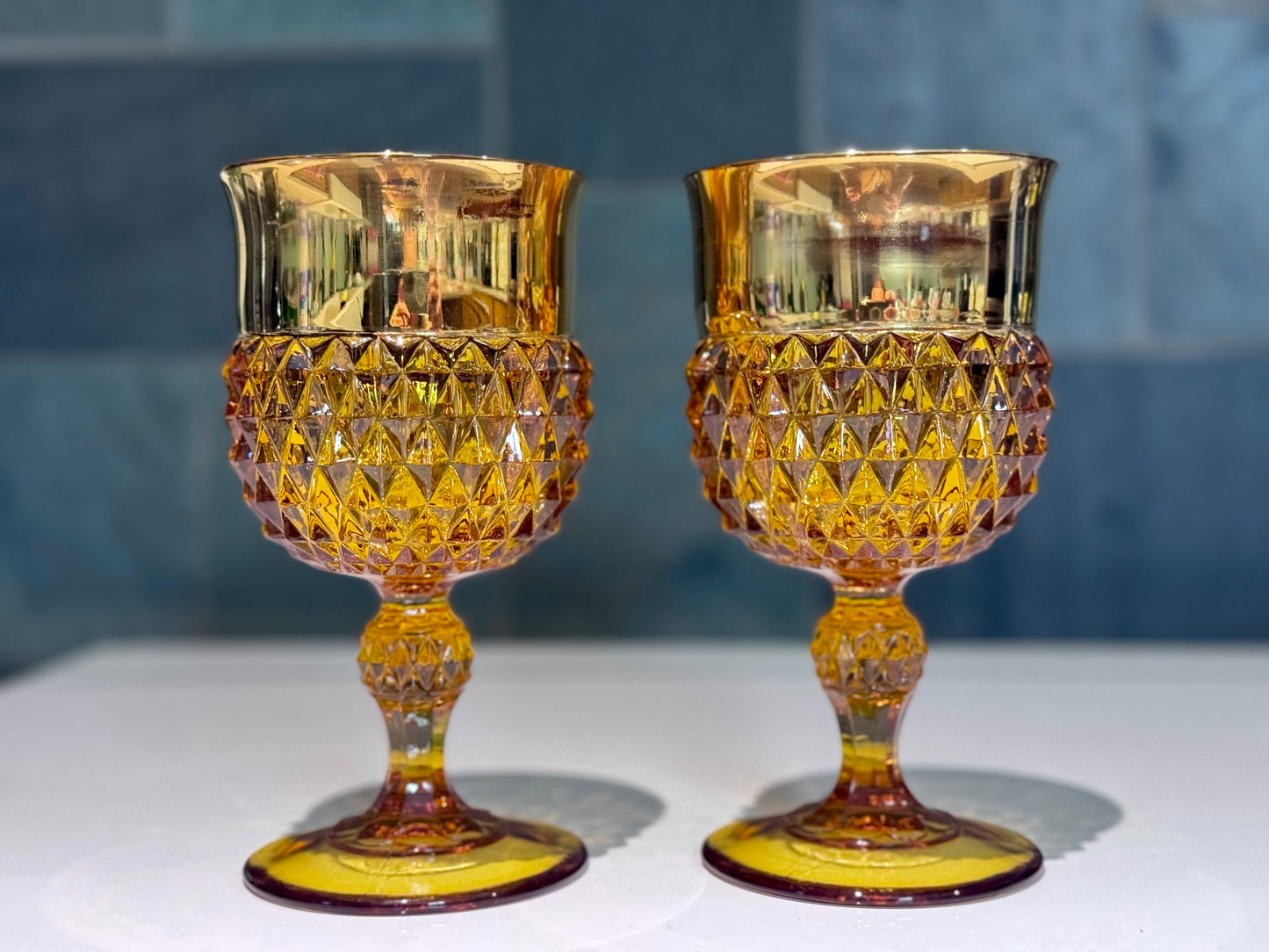 Amber/Indiana Glass Diamond Point with Gold Gild Band Wine Goblets