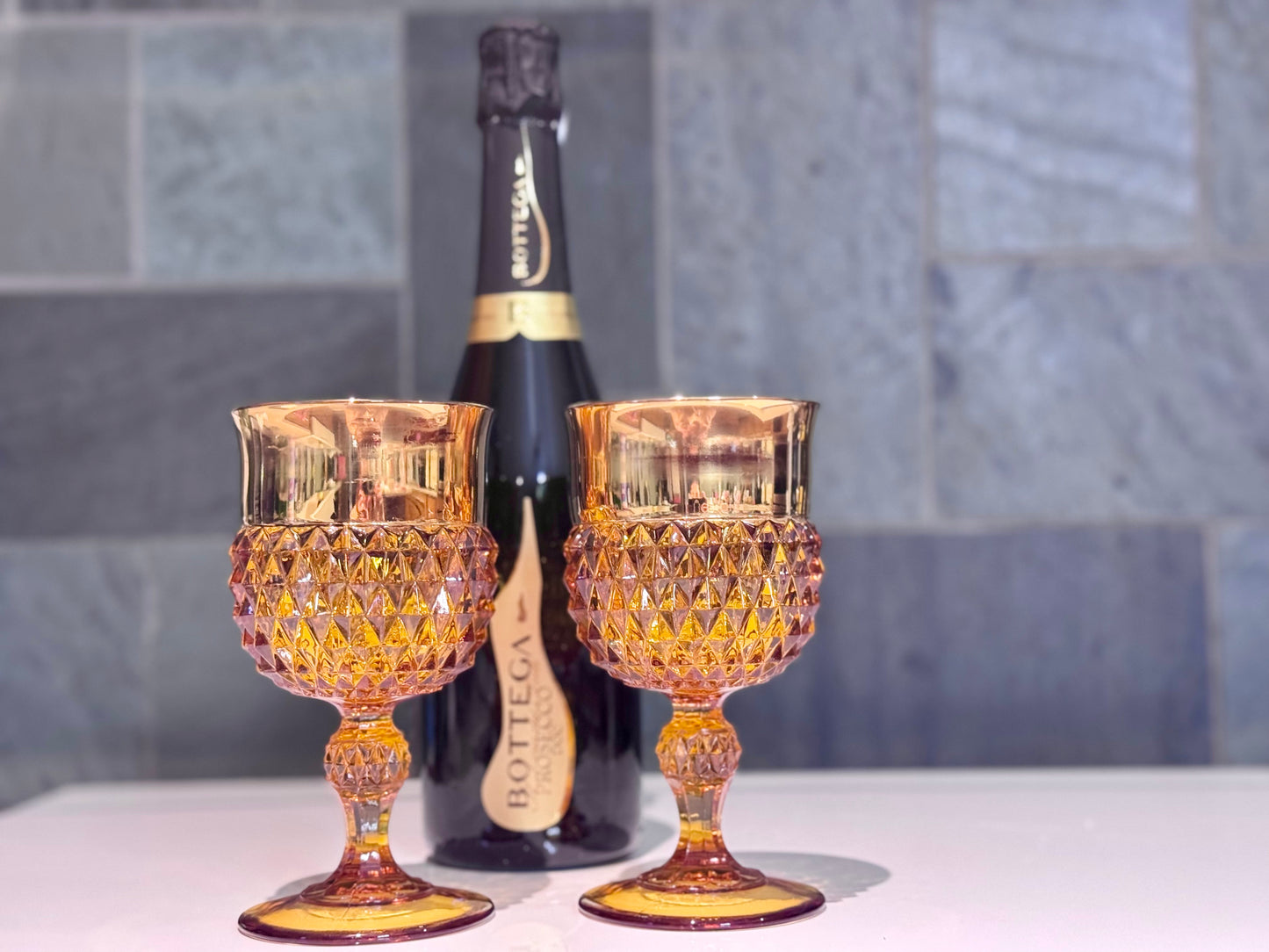 Amber/Indiana Glass Diamond Point with Gold Gild Band Wine Goblets