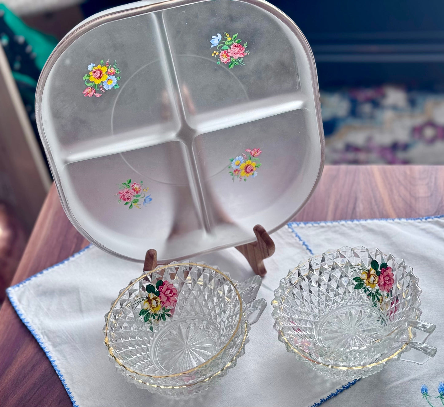 Diamond Cut Lubiana Glass Handled Dessert Bowls