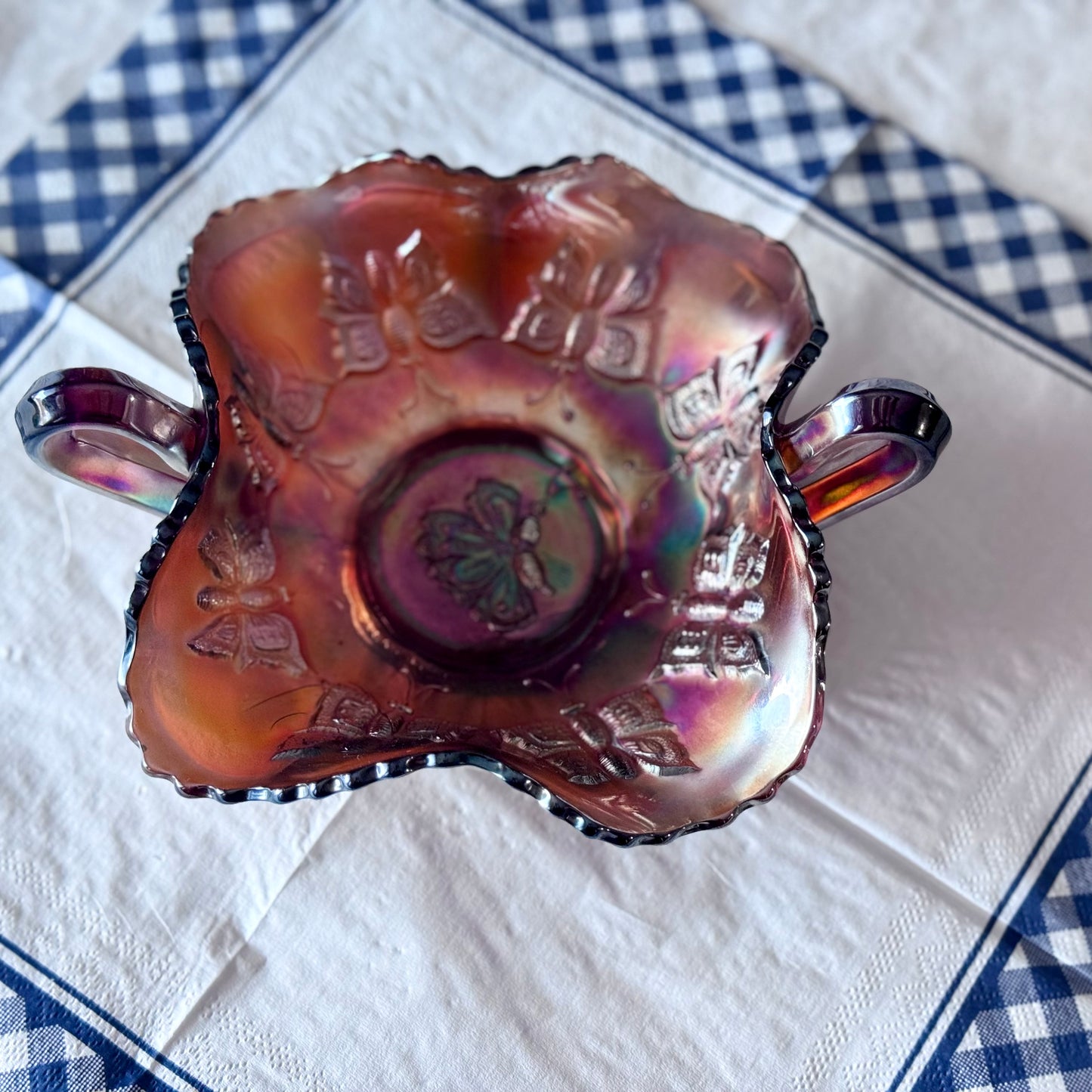 Fenton Carnival Glass Butterfly Bonbon Bowl