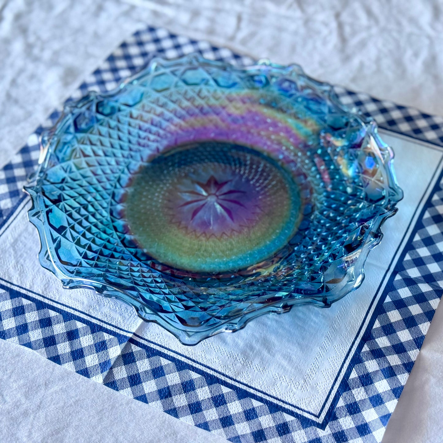 Indiana Glass Blue Carnival Iridescent Diamond Plate/Bowl