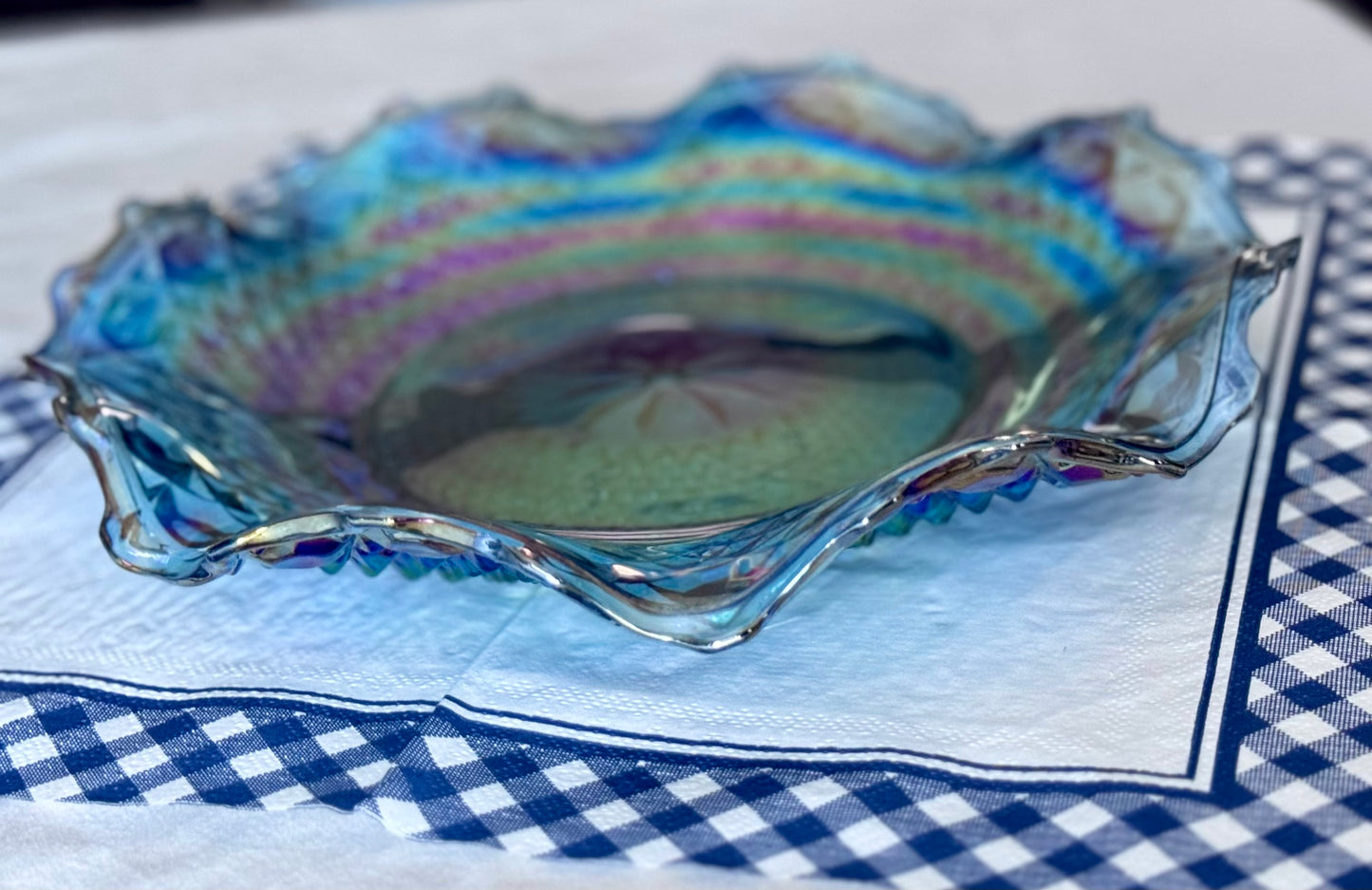 Indiana Glass Blue Carnival Iridescent Diamond Plate/Bowl