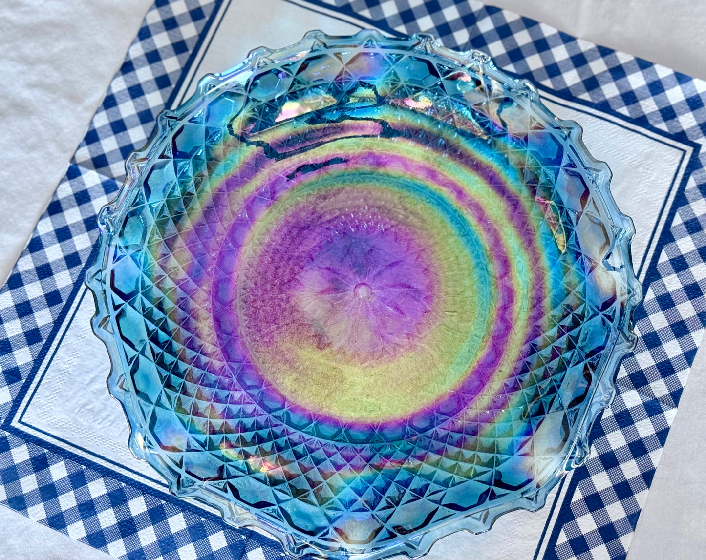 Indiana Glass Blue Carnival Iridescent Diamond Plate/Bowl