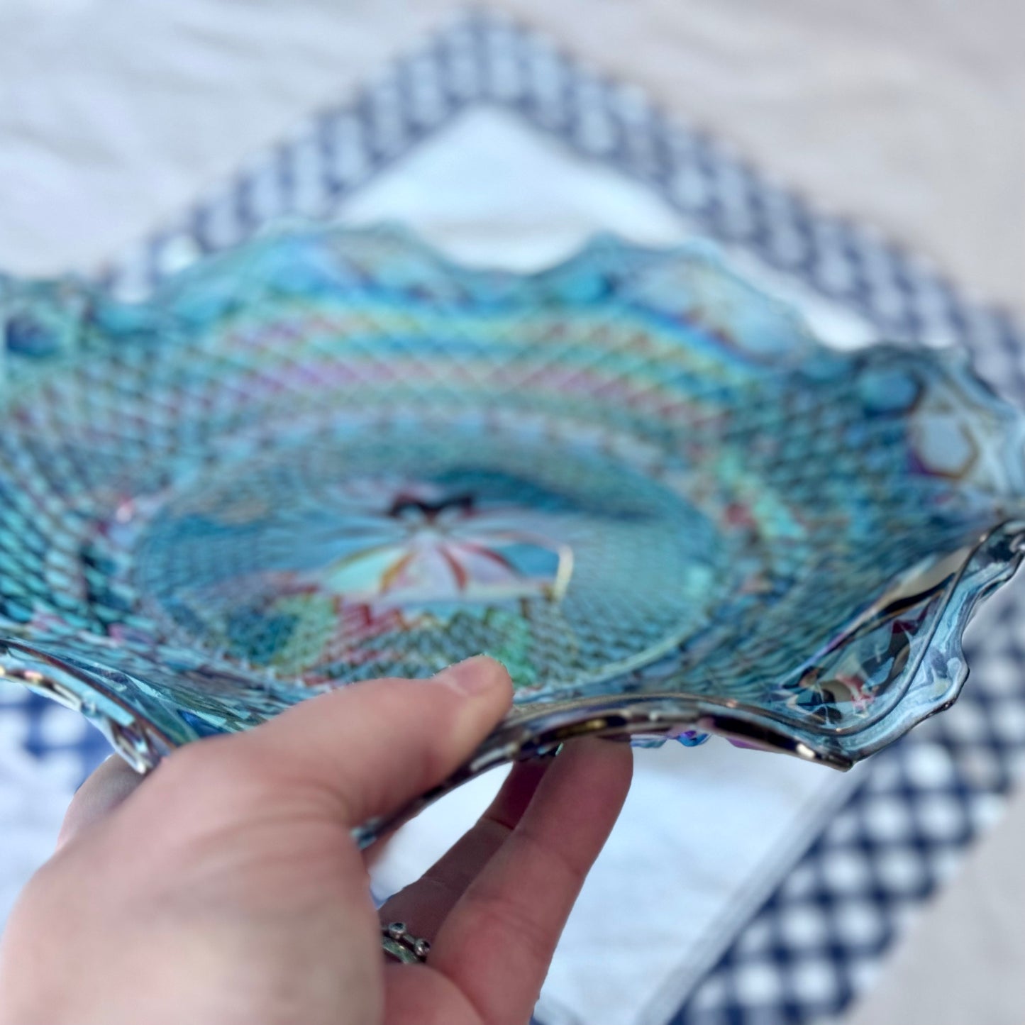 Indiana Glass Blue Carnival Iridescent Diamond Plate/Bowl