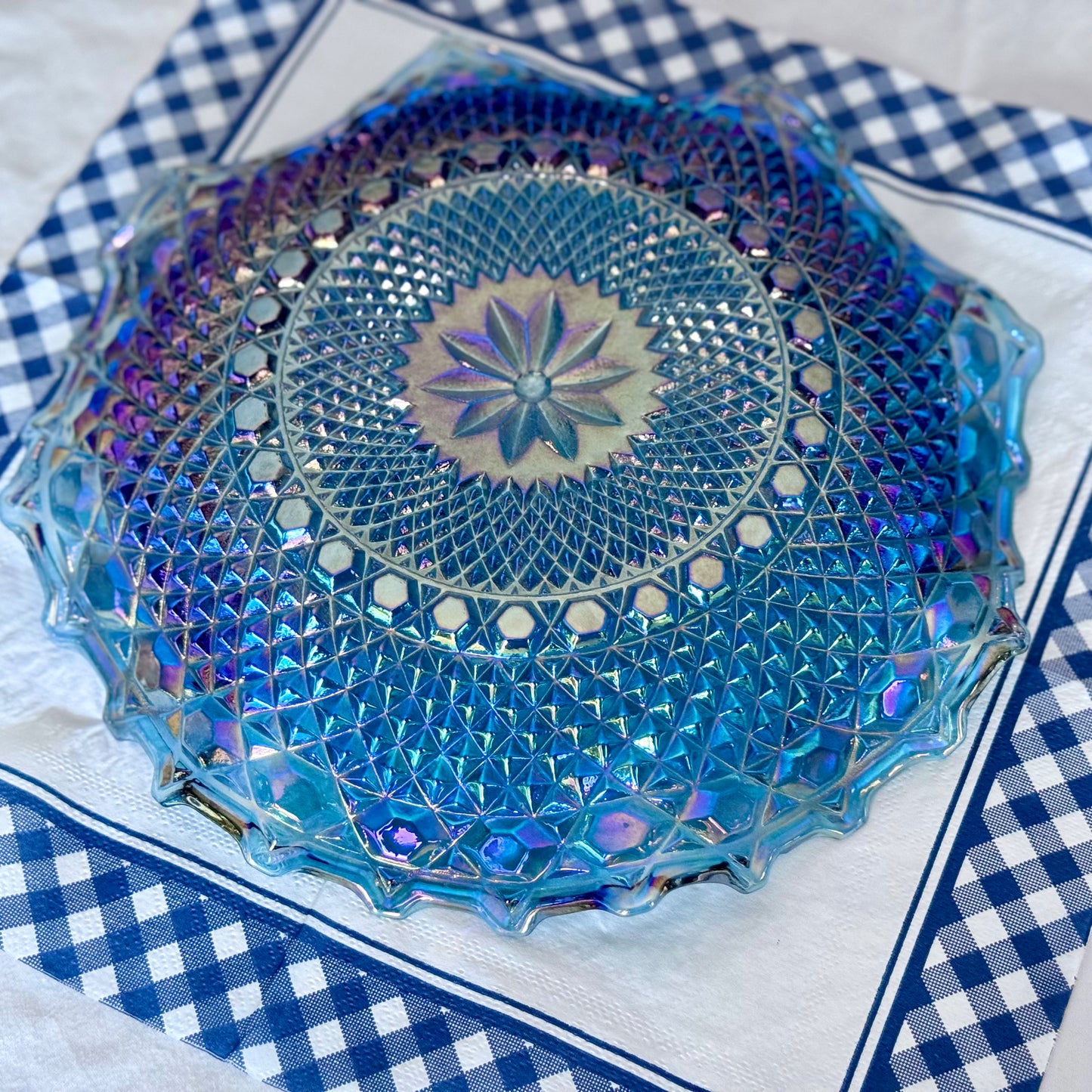 Indiana Glass Blue Carnival Iridescent Diamond Plate/Bowl
