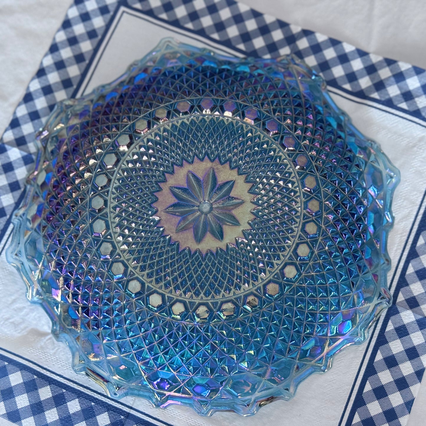 Indiana Glass Blue Carnival Iridescent Diamond Plate/Bowl