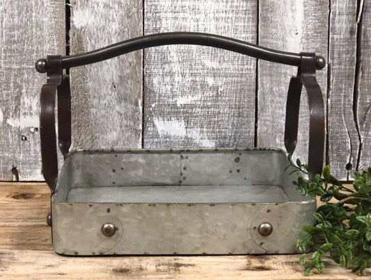 Galvanized Tray w/ Ornate Iron Handle